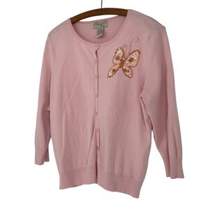 Notations Baby Pink Cardigan Butterfly Beaded Sequin Design 3/4 Sleeve Large